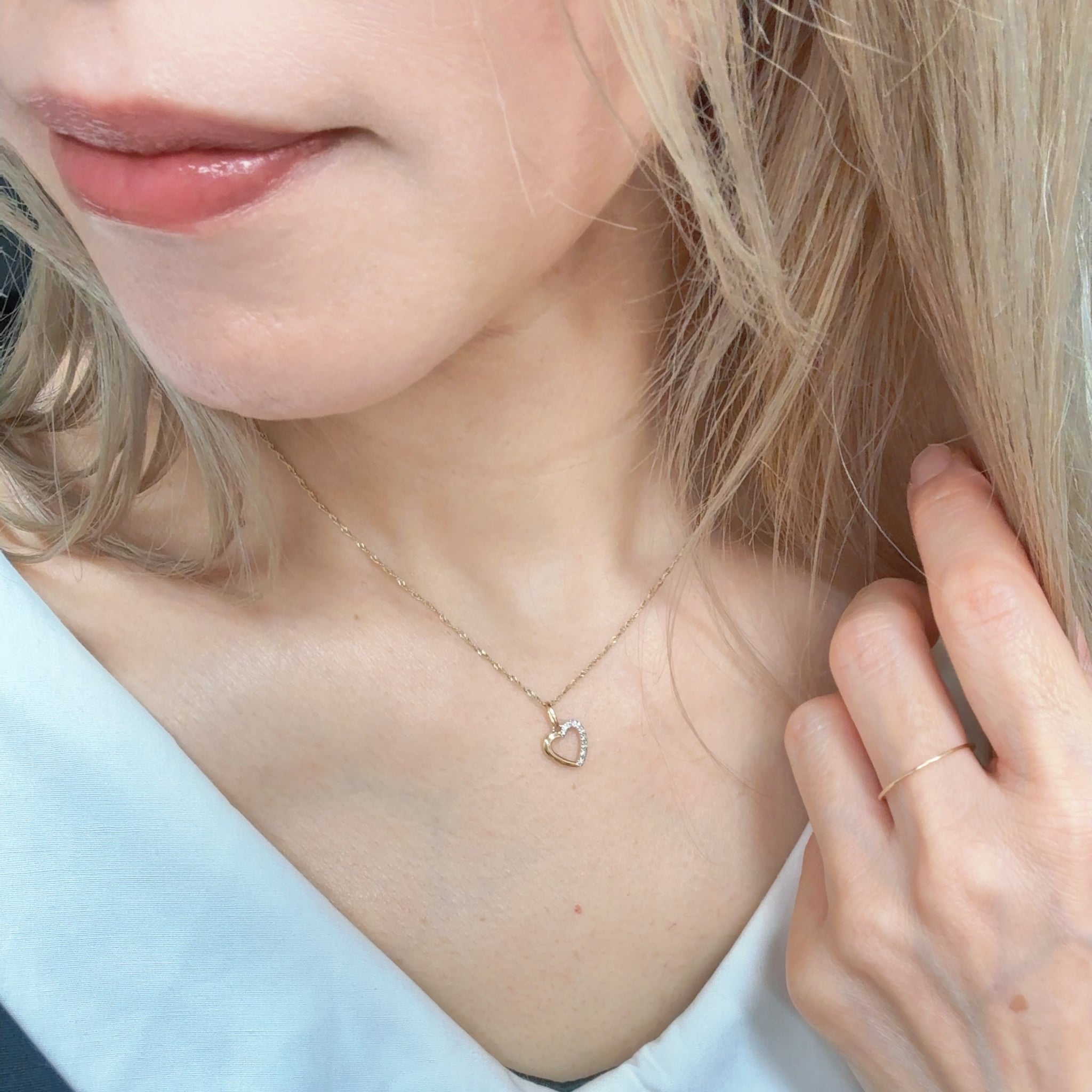 14K ダイヤモンド オープンハート ペンダントトップ 10mm|本物の金×天然ダイヤ×つけっぱなしOK|大人可愛いジュエリー PAF30693