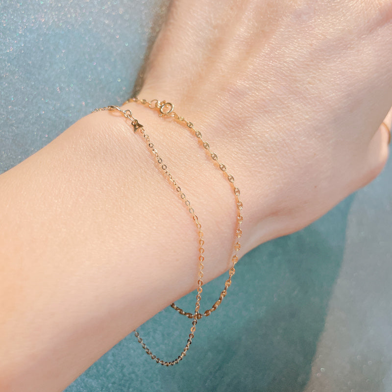 ARTAUM 普段着に合うジュエリー LA直輸入 14K ブレスレット Gold Flat Shiny 1.1mm Oval Link Cable Chain NE042 17cm レディース ユニセックス 資産価値 華奢 シンプル 本物 保証付き