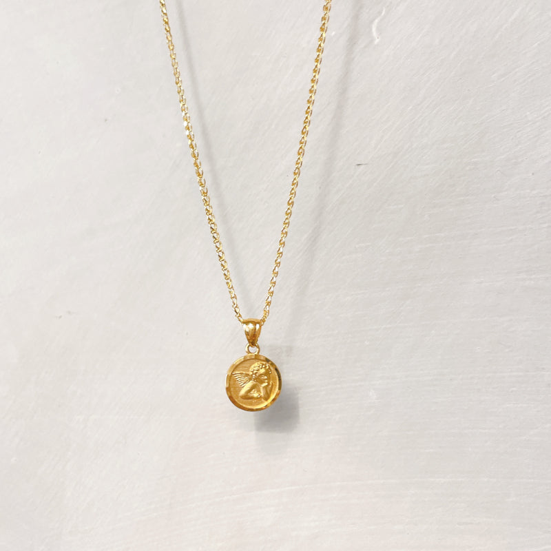 14K ゴールド スモールエンジェル ペンダントトップ ネックレス用 チャーム 丸型 コインモチーフ 天使デザイン ユニセックス ギフト